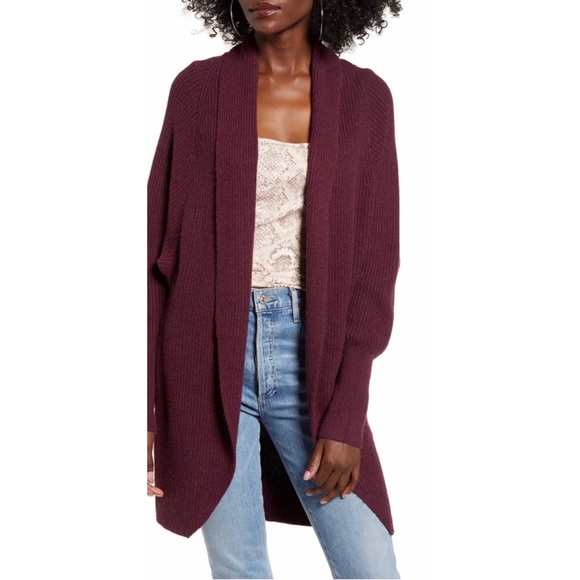Leith Sweaters - Leith Burgundy Dolman Sleeve Long Cardigan